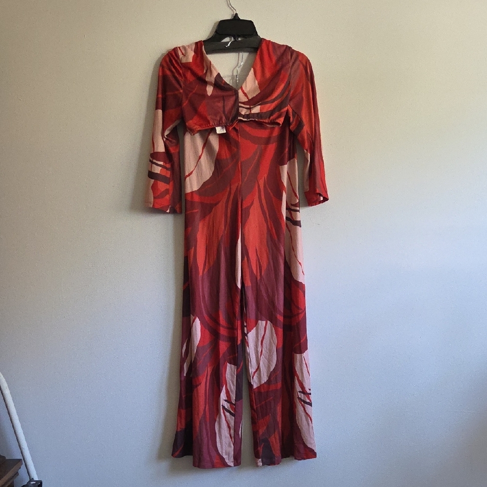 Anthropologie Red and Pink Long Sleeve Jumpsuit